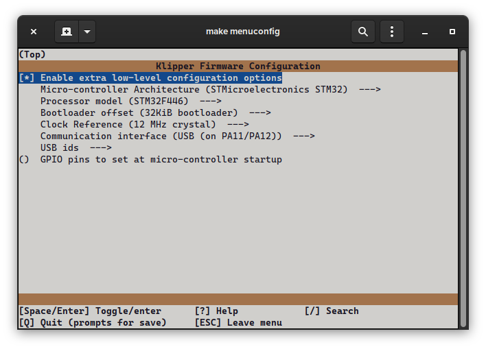 make menuconfig: STM32F446, 32KiB bootloader, 12MHz crystal, USB on PA11/12