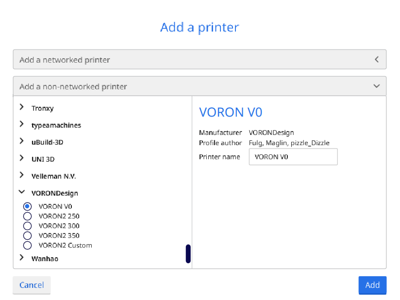 Cura Add Printer Dialog
