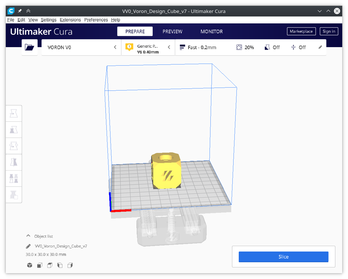 Cura Screenshot with Voron Test Cube